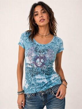 Y2K Ocean Blue Rhinestone Lace Crochet Top Women’s Large Boho Vintage Shirt